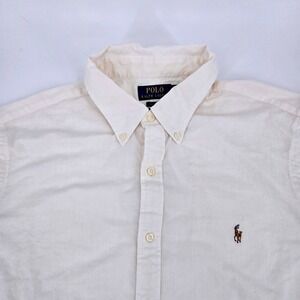 Polo Ralph Lauren Men's XL Untucked Fit Oxford Shirt Off White Cotton Brown Pony